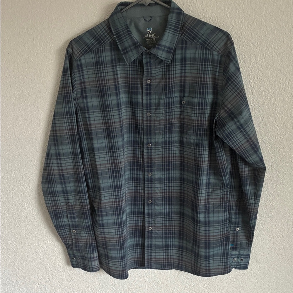 Kuhl Men's Response Lite Plaid Button-Up Shirt - Teal, navy with a strip of red.
